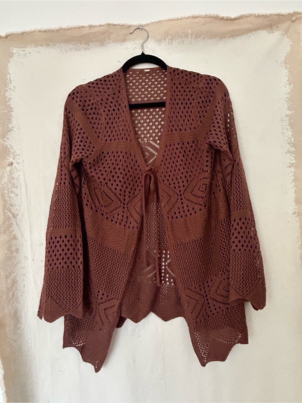 Open-Knit Brown tie Sweater Cardigan knit cover up vacay cruise top acrylic S